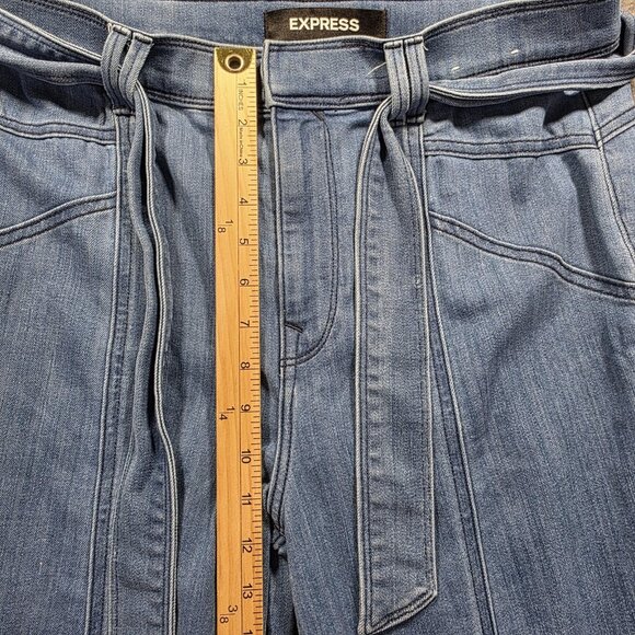 Express Jeans Womens 8 Long Light Blue Bell Flare Super High Rise Belted Denim - Picture 9 of 10
